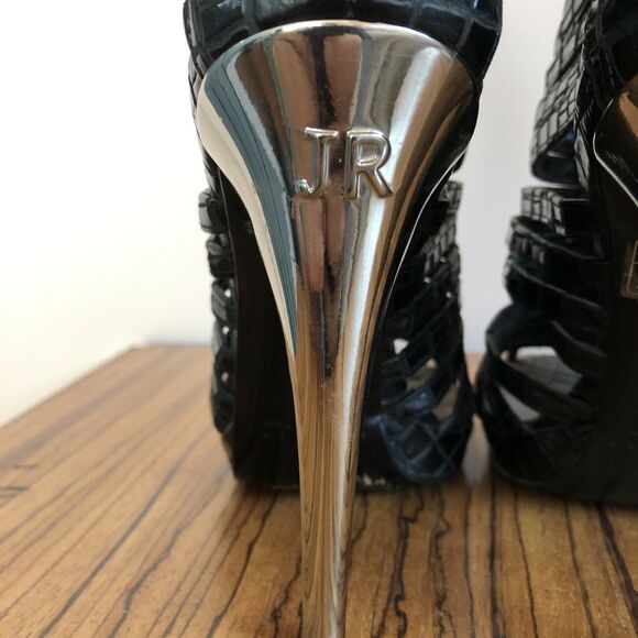 John Richmond Black Leather Strap Stilettos w/ Chrome Heels Size 38 US 7 ½ - Picture 7 of 9